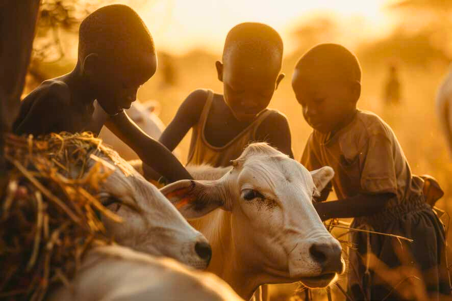 Children with cows